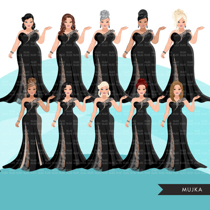 Fashion Clipart, woman black lace, evening gown, sisters, friends, Sublimation designs for Cricut & Cameo, commercial use PNG