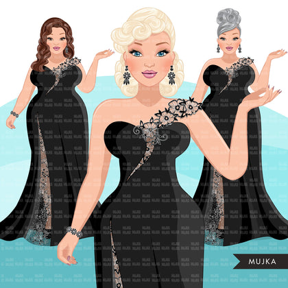 Fashion Clipart, woman black lace, evening gown, sisters, friends, Sublimation designs for Cricut & Cameo, commercial use PNG