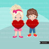 Valentine Clipart, Valentine kids BUNDLE, Valentine's Day boys, girls holding heart, commercial use graphics, png clip art