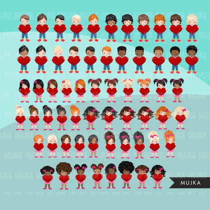 Valentine Clipart, Valentine kids BUNDLE, Valentine's Day boys, girls holding heart, commercial use graphics, png clip art