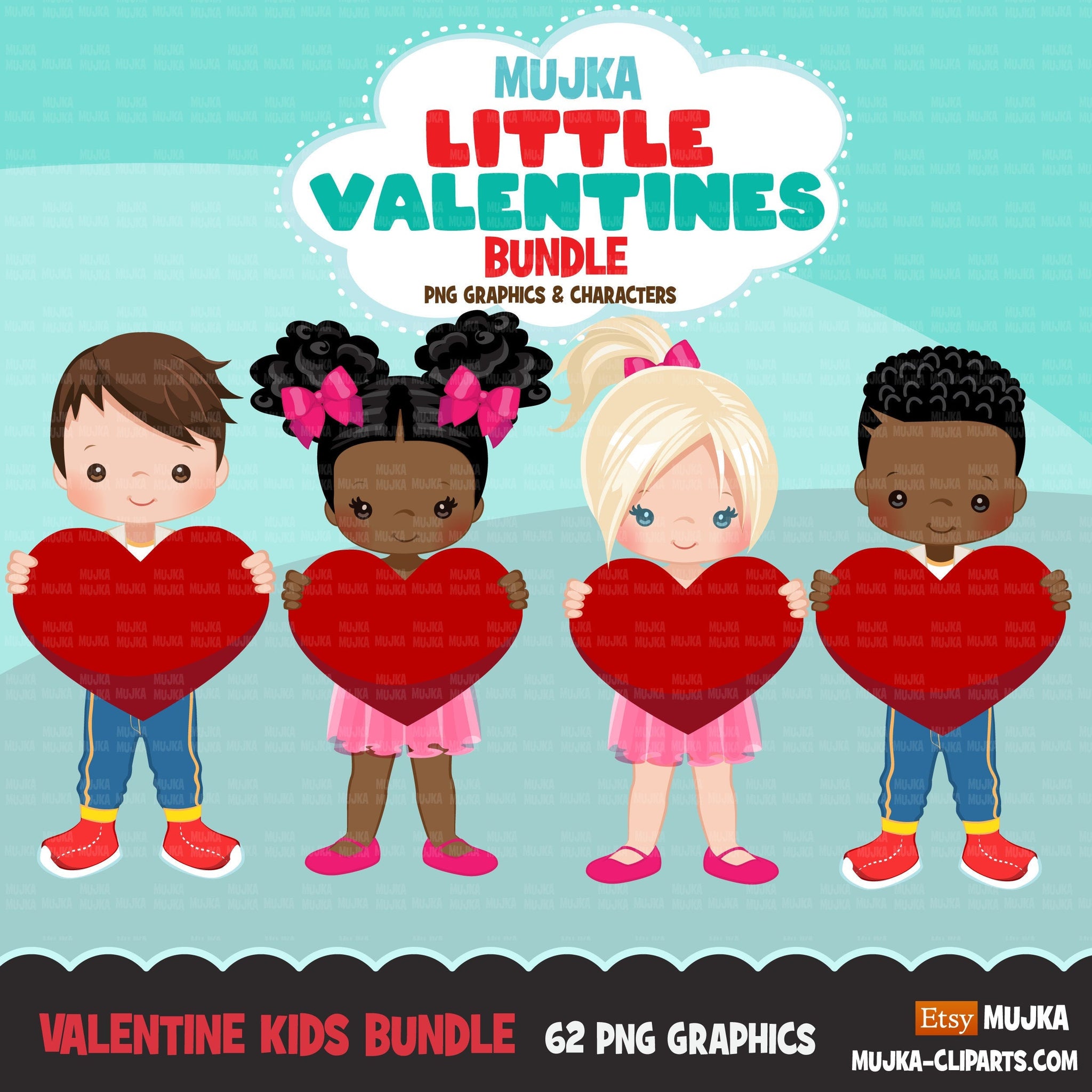 Valentine Clipart, Valentine kids BUNDLE, Valentine's Day boys, girls holding heart, commercial use graphics, png clip art