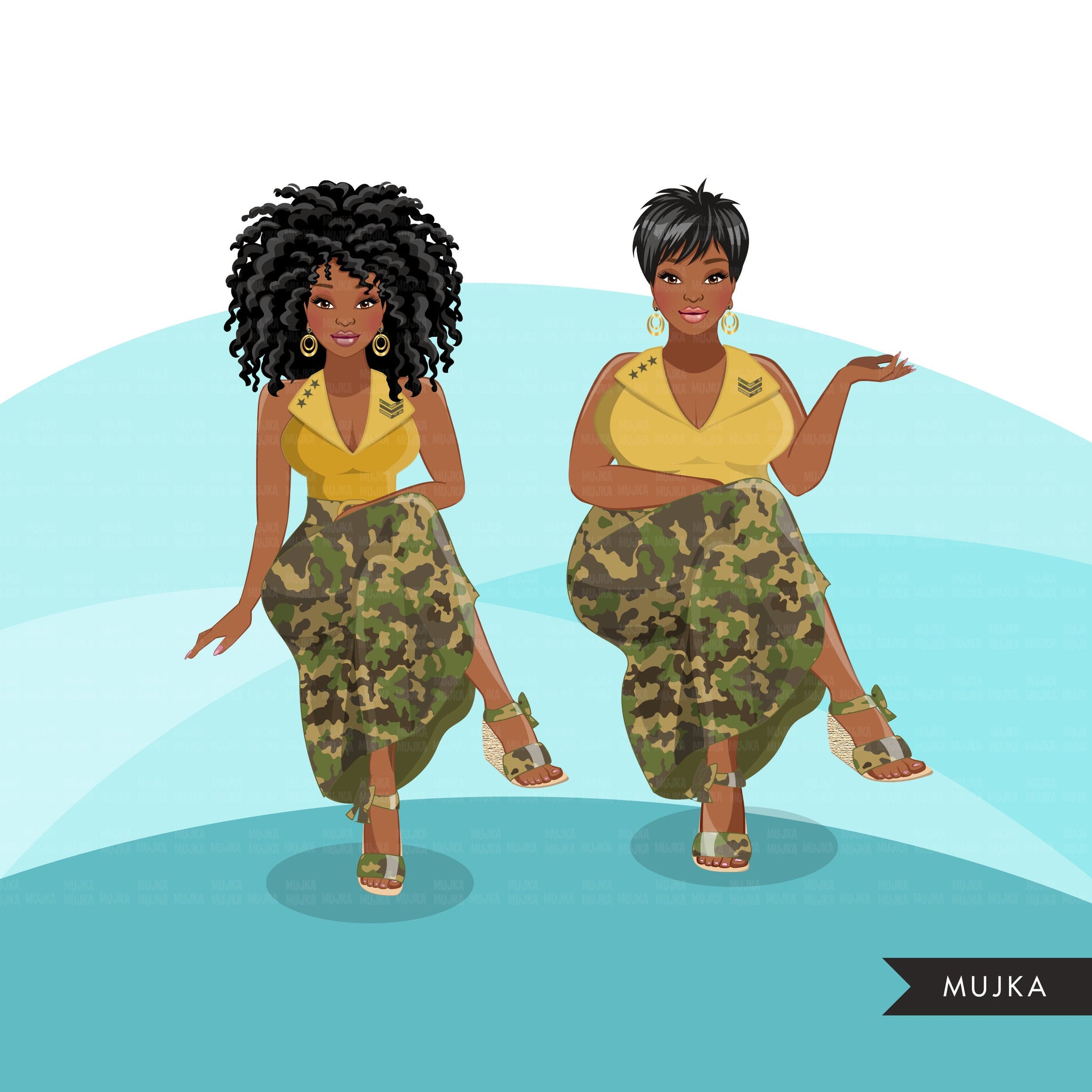 Clipart de moda, mulher negra, moda CAMO, irmãs militares, amigos, designs de sublimação para Cricut &amp; Cameo, uso comercial PNG