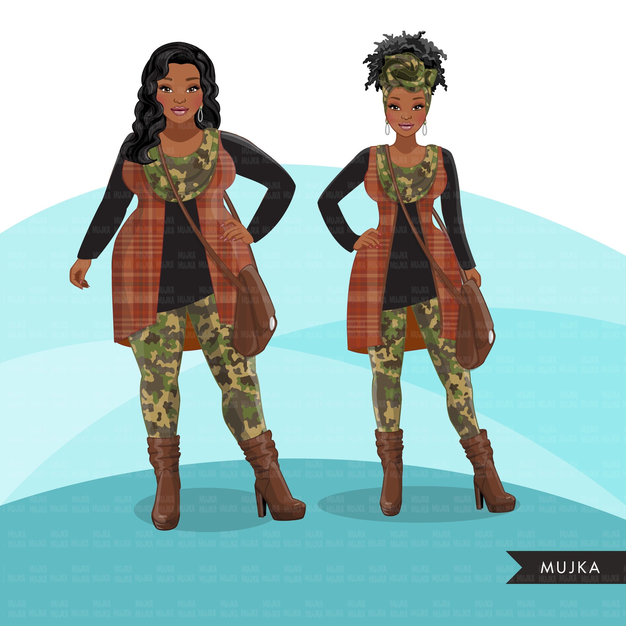 Fashion Clipart, Black woman, CAMO fashion, military sisters, friends, Sublimation designs for Cricut & Cameo, commercial use PNG