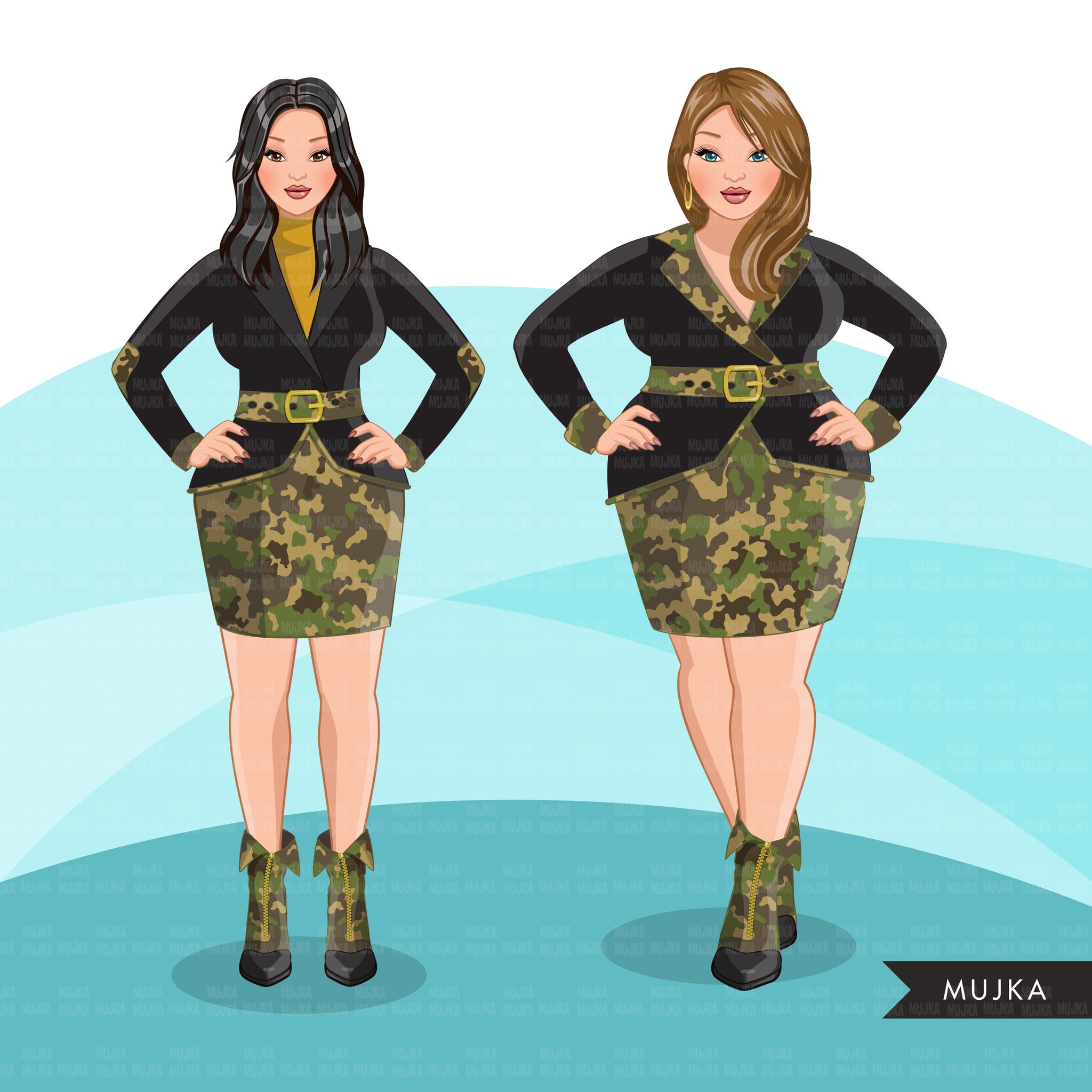 Fashion Clipart, woman, CAMO fashion, military wife, military sisters, friends, Sublimation designs for Cricut & Cameo, commercial use PNG