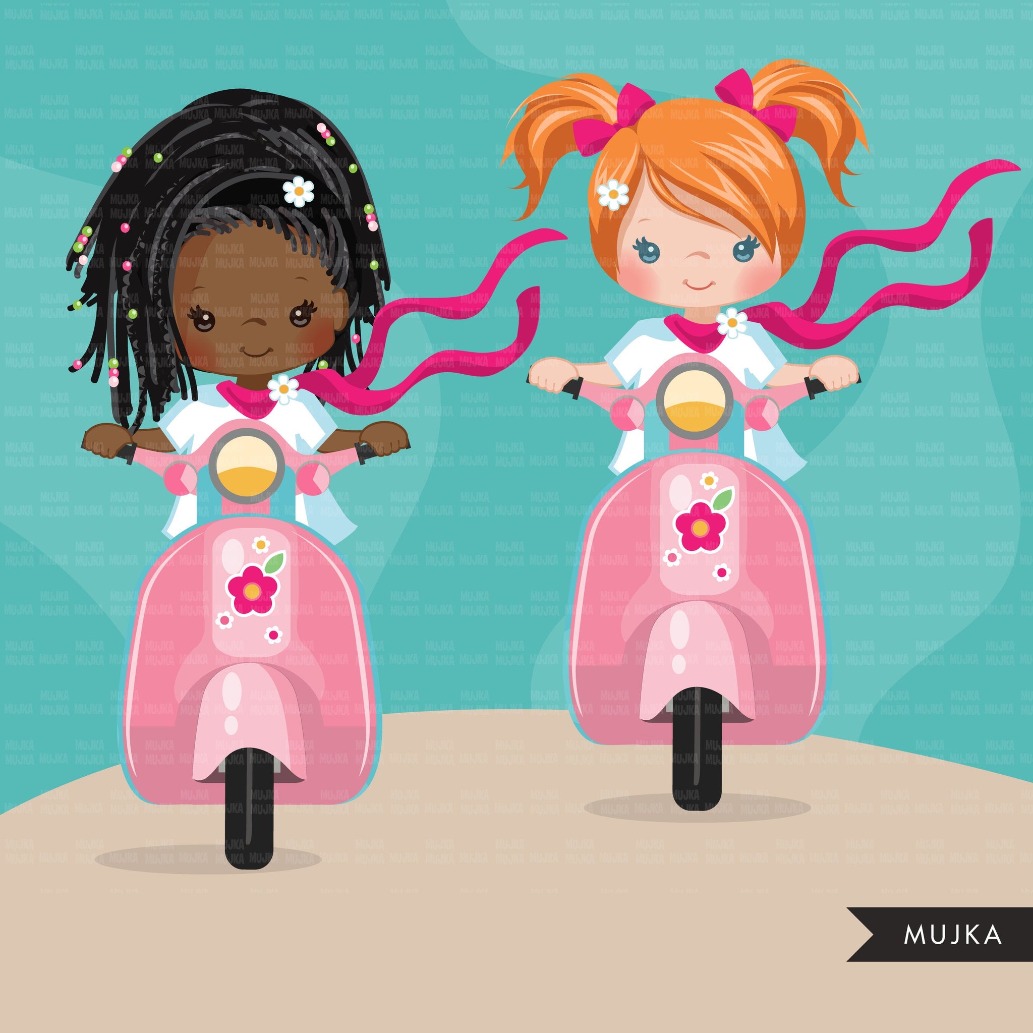 Best friends clipart bundle, Scooter Girls, Spring Png, Valentine gifts, siblings, sublimation graphics, pink scooter png clip art