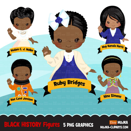 Black history clipart, black history female figures Kamala Harris, Nina Simone, Ruby Bridges, Mae Jemison, Madam c j walker  clip art PNG