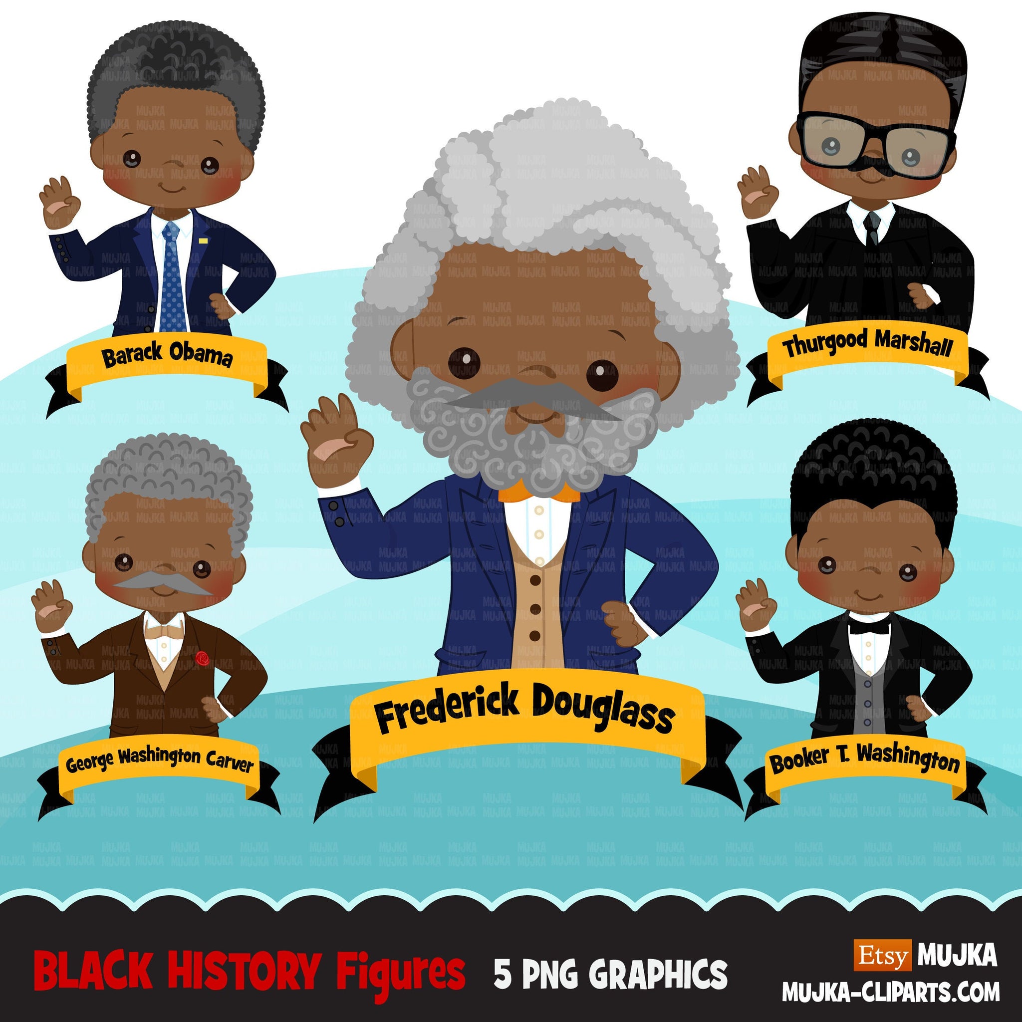 Black history clipart, black history male figures Frederick Douglass, Barack Obama, George Washington Carver, Thurgood Marshall clip art PNG