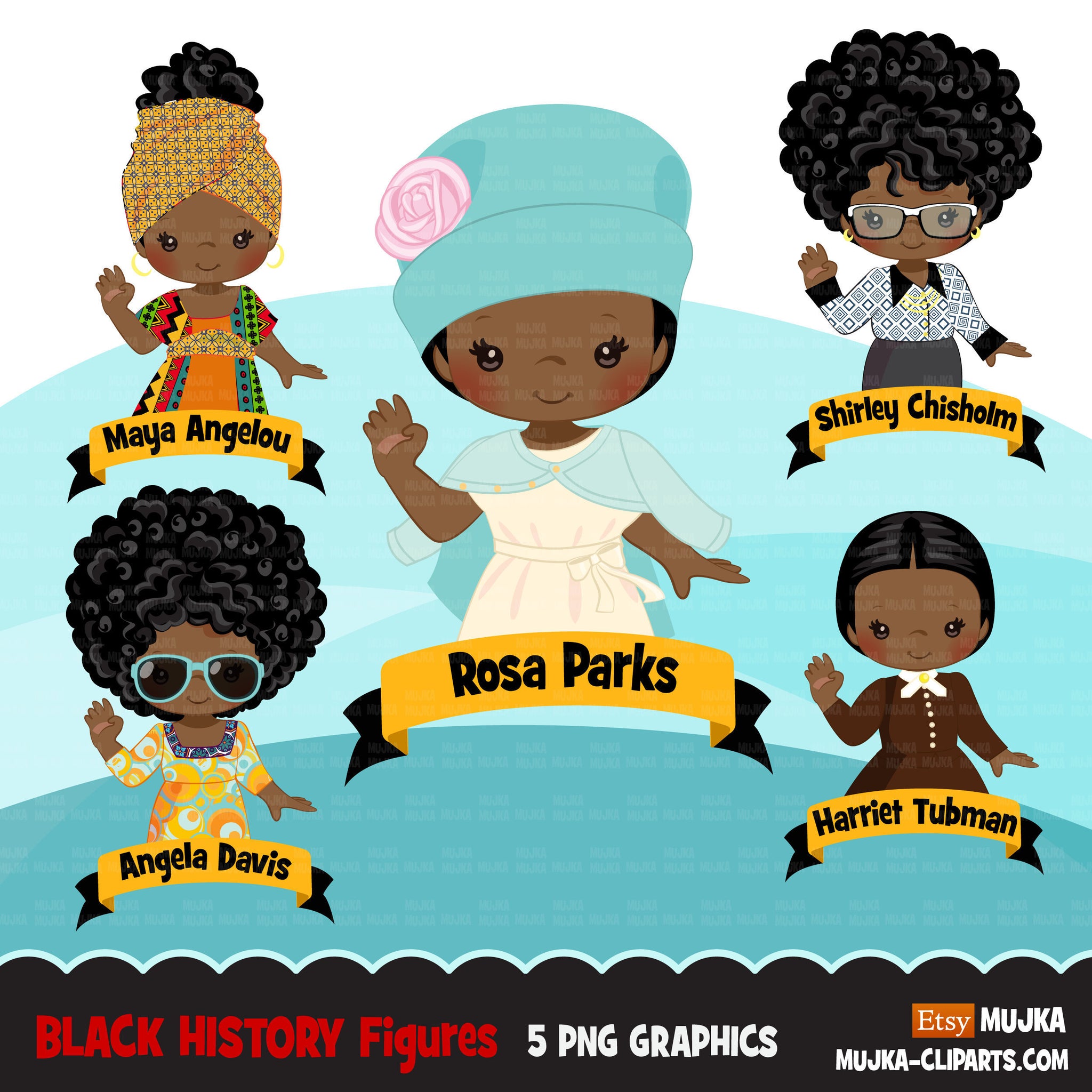 Black history clipart, black history figures Maya Angelou, Rosa Parks, Shirley chisholm, Harriet Tubman, Angela Davis  clip art PNG
