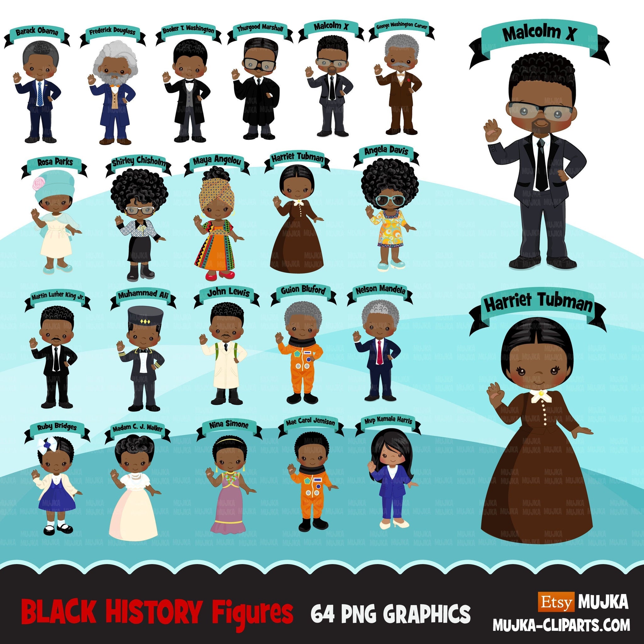 Figuras de historia negra clipart BUNDLE, Malcolm X, Kamala Harris, Barack Obama, Ruby Bridges, Mae Jemison, Shirley Chisholm clip art PNG