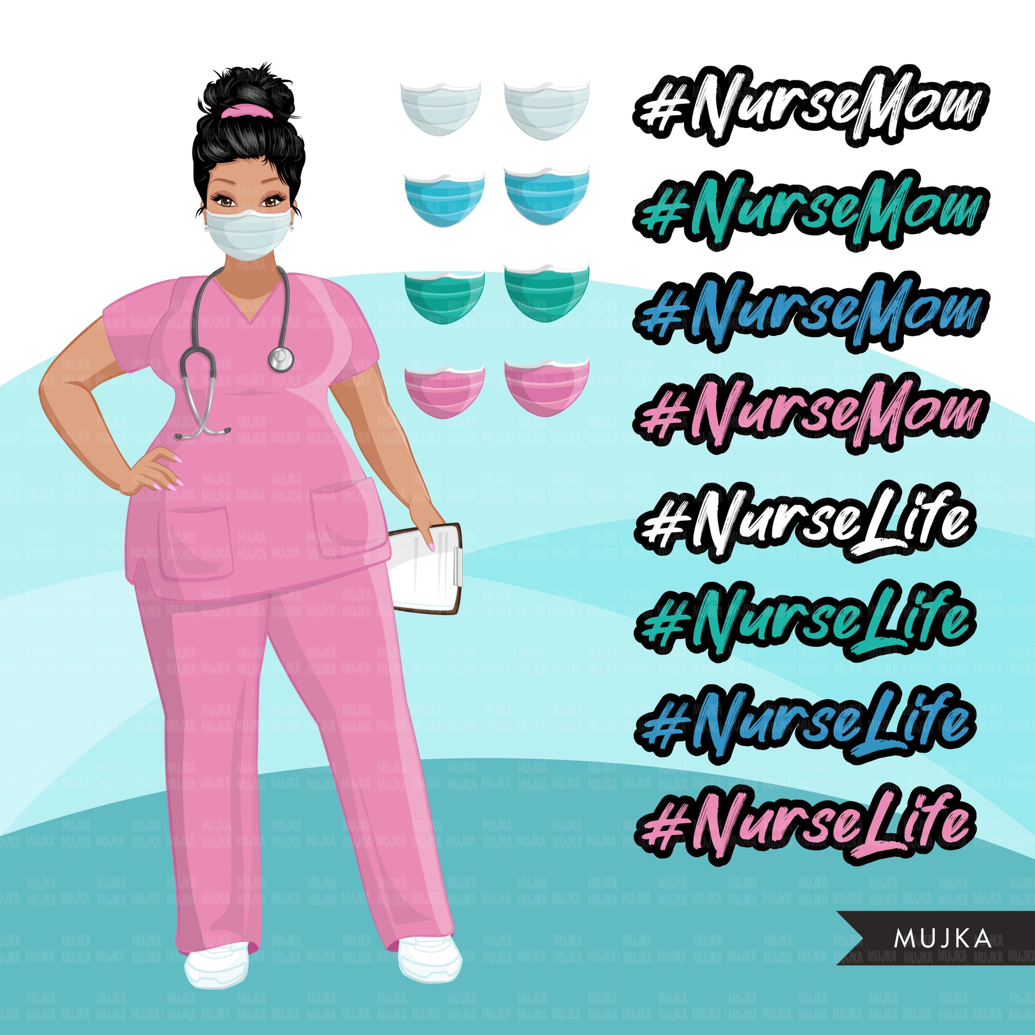 Pacote de clipart de enfermeira, vida de enfermeira, mãe enfermeira, trabalhadores médicos, amigos, enfermeira negra muçulmana, clipart de sublimação, uso comercial png