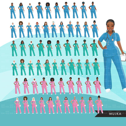 Enfermera clipart BUNDLE, Nurse Life, Nurse Mom, trabajadores médicos, amigos, enfermera negra musulmana, imágenes prediseñadas de sublimación, uso comercial PNG