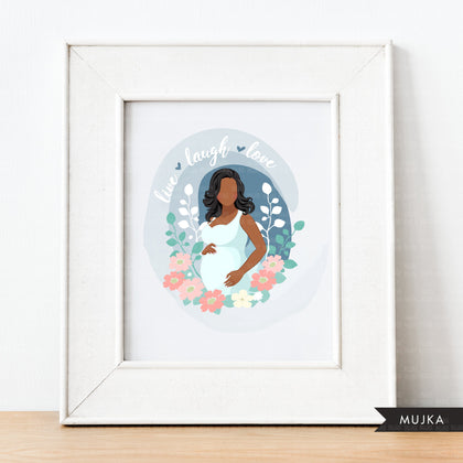 Mothers Day clipart, mother's day sublimation designs digital download, baby shower favors, wall art, pregnant black afro woman png
