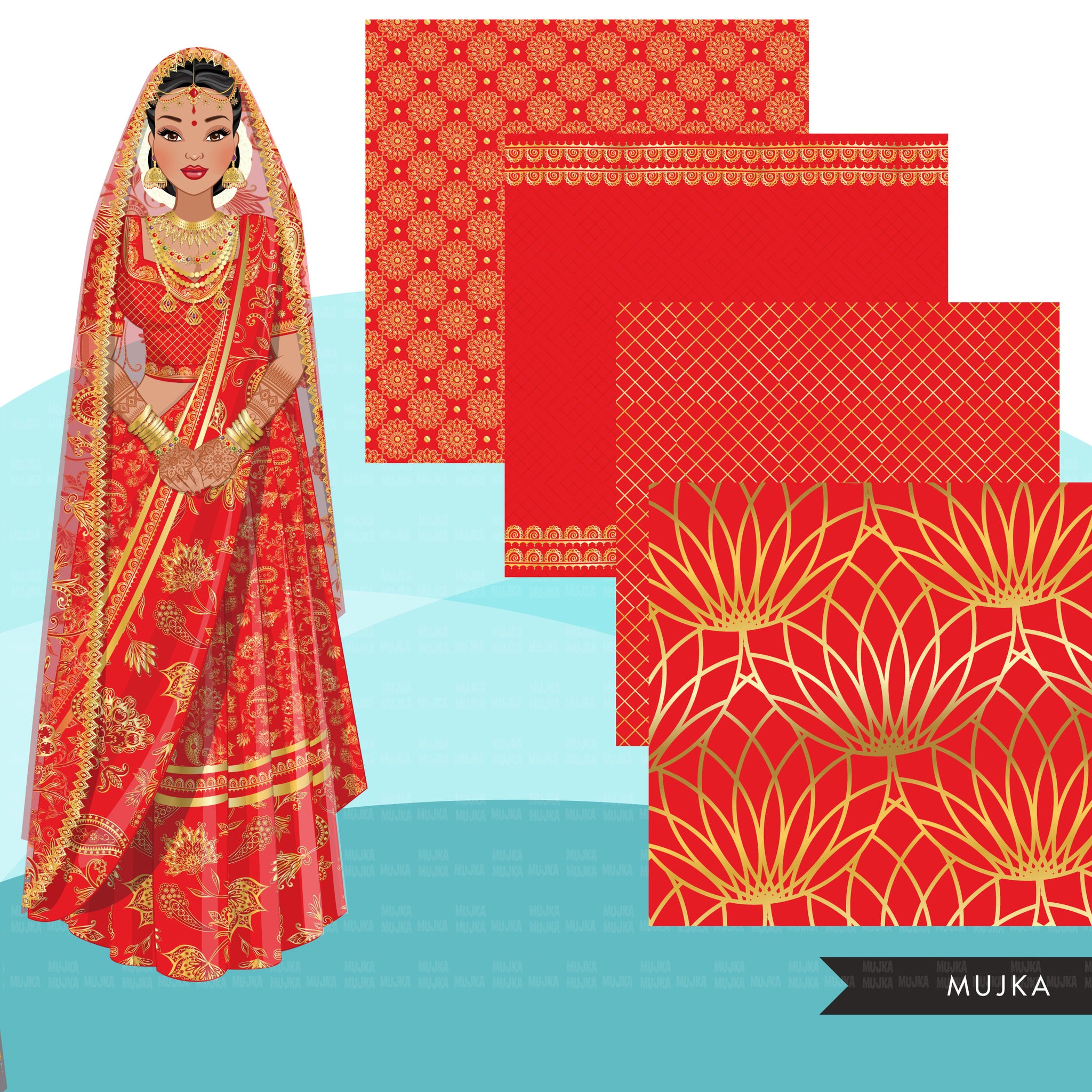 Imágenes prediseñadas de novia india, vestido de novia indio, fondo rojo de boda india, diseños de novia musulmana, diseños de sublimación descarga digital PNG