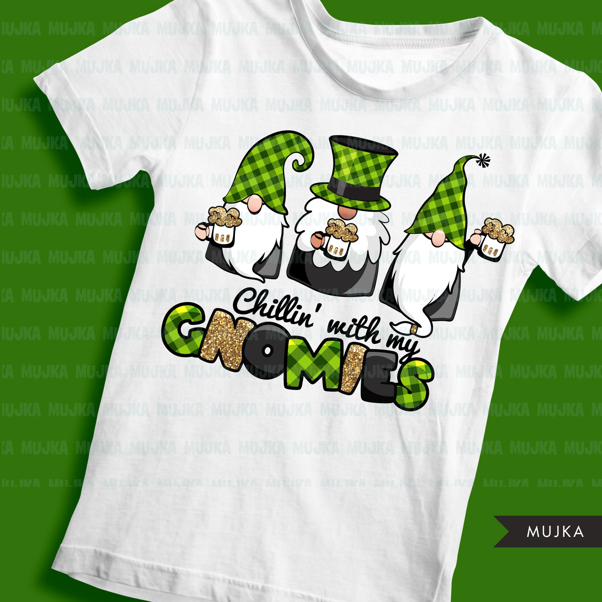 St Patricks Day Gnome sublimation designs, png shirt design, chillin with my gnomies, plaid pattern, digital download files for cricut
