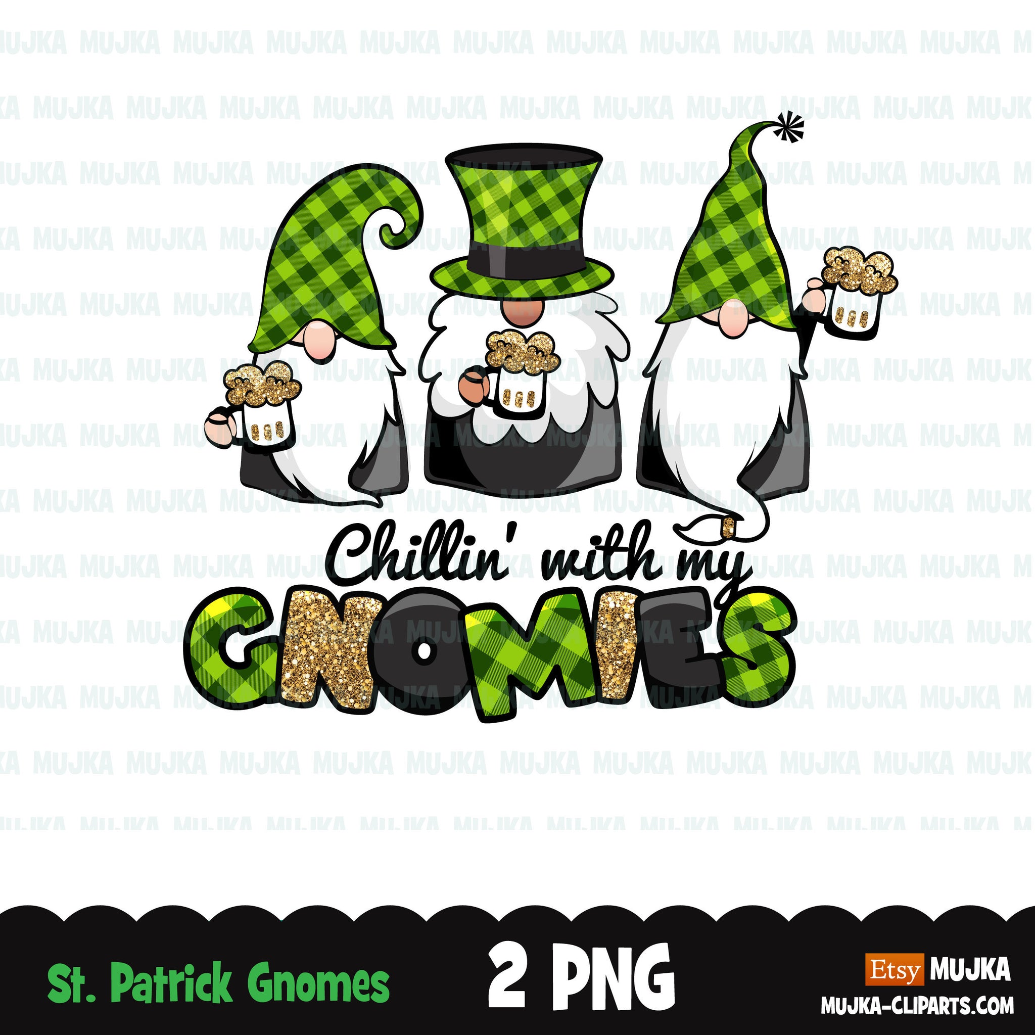 Diseños de sublimación de St Patricks Day Gnome, diseño de camisa png, relajándose con mis gnomies, patrón a cuadros, archivos de descarga digital para cricut