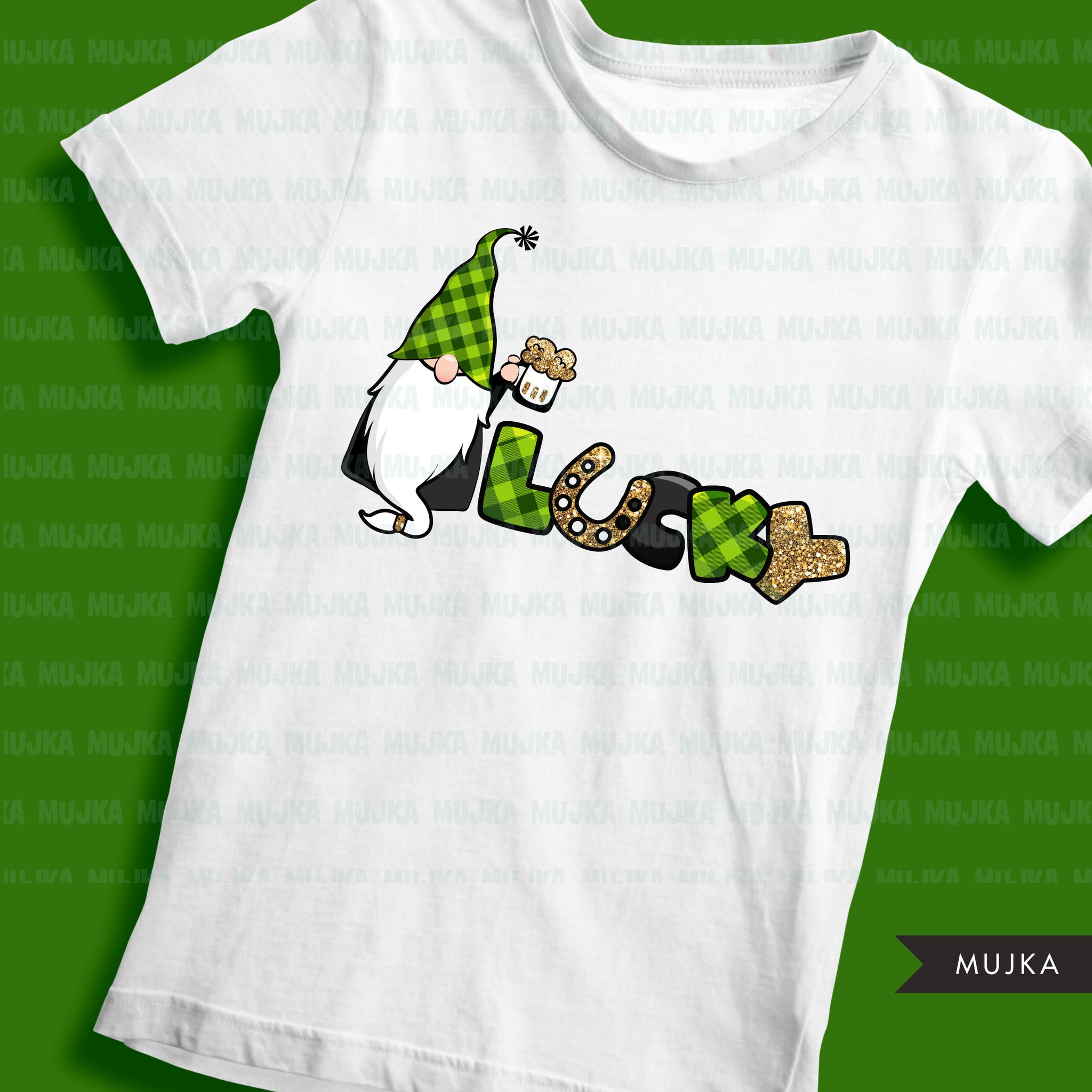 St Patricks Day Gnome sublimation designs, gnome png, png shirt design, lucky plaid pattern, digital download files for cricut