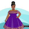 Fashion Clipart, Black woman, gold purple evening gown, sisters, friends, Sublimation designs digital download for Cricut