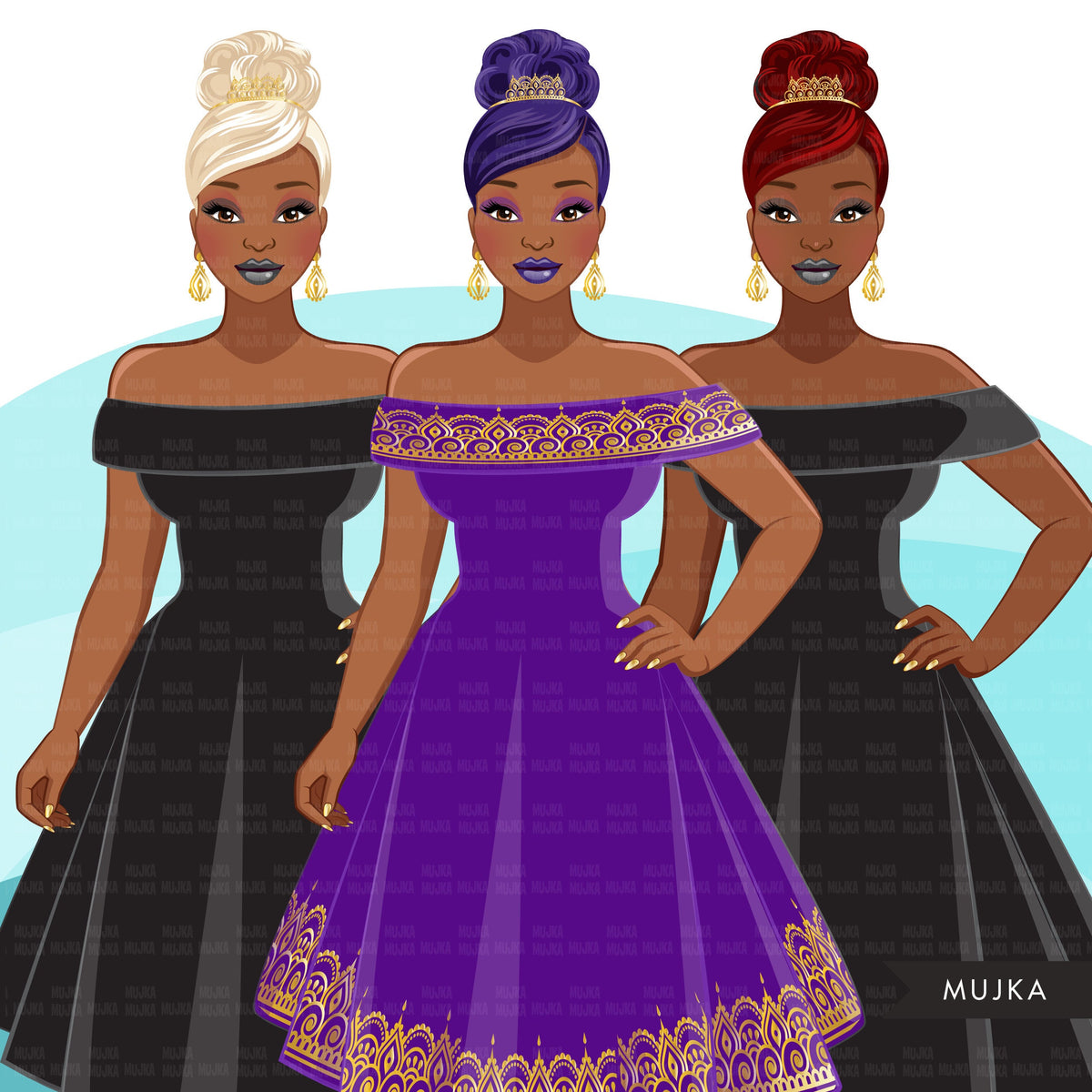 Fashion Clipart, Black woman, gold purple evening gown, sisters, frien ...