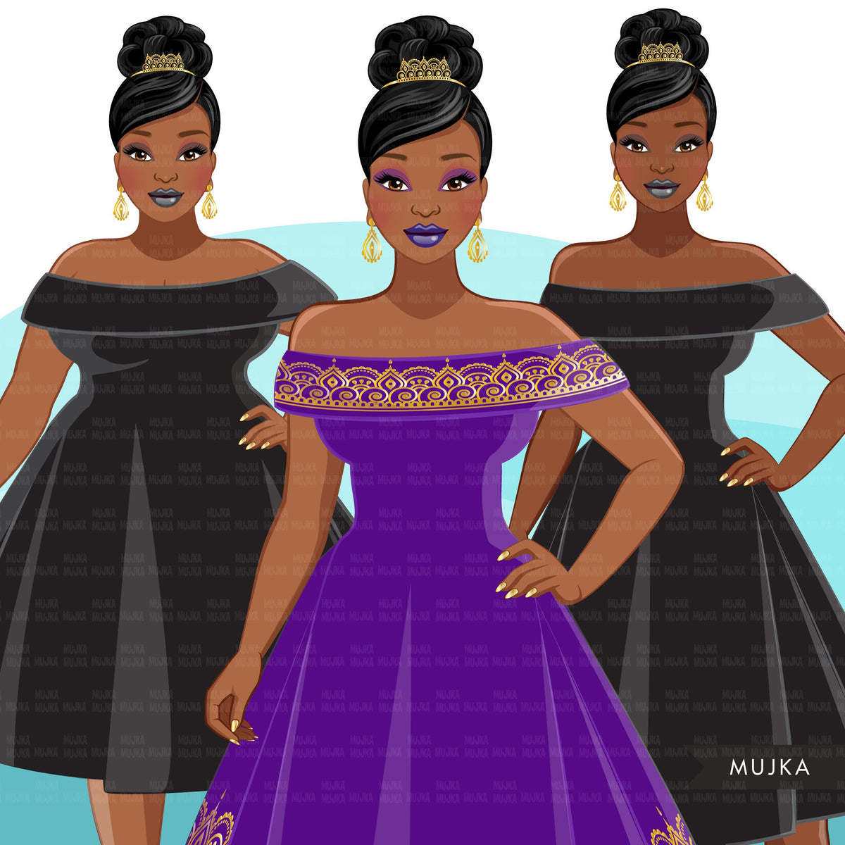 Fashion Clipart, Black woman, gold purple evening gown, sisters, frien ...