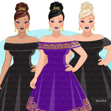 Fashion Clipart, woman, anniversary party, gold purple evening gown, sisters, friends, Sublimation designs digital download for Cricut