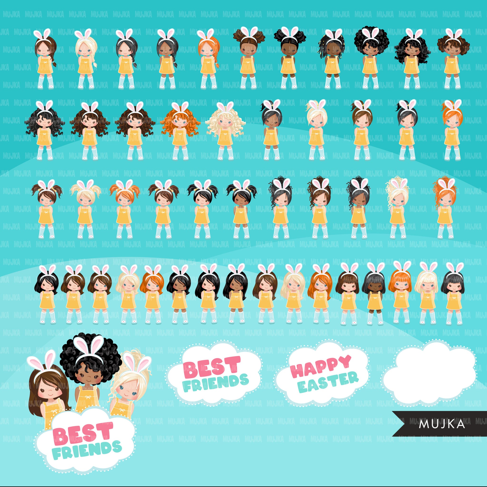 Easter clipart bundle, Best friends designs, easter bunny ears, black girl, afro girl, spring graphics