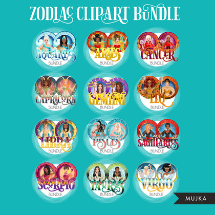 Pacote de clipart do zodíaco, arte astrológica, gráficos de sublimação de horóscopo, signos astrológicos, designs de moda, gráficos femininos, png para cricut