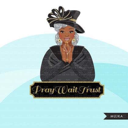 Clipart de senhoras da igreja, designs de sublimação de irmãs orando, mulher negra com curvas, camisa de fé, orar, esperar, gráficos de confiança, Bíblia religiosa png