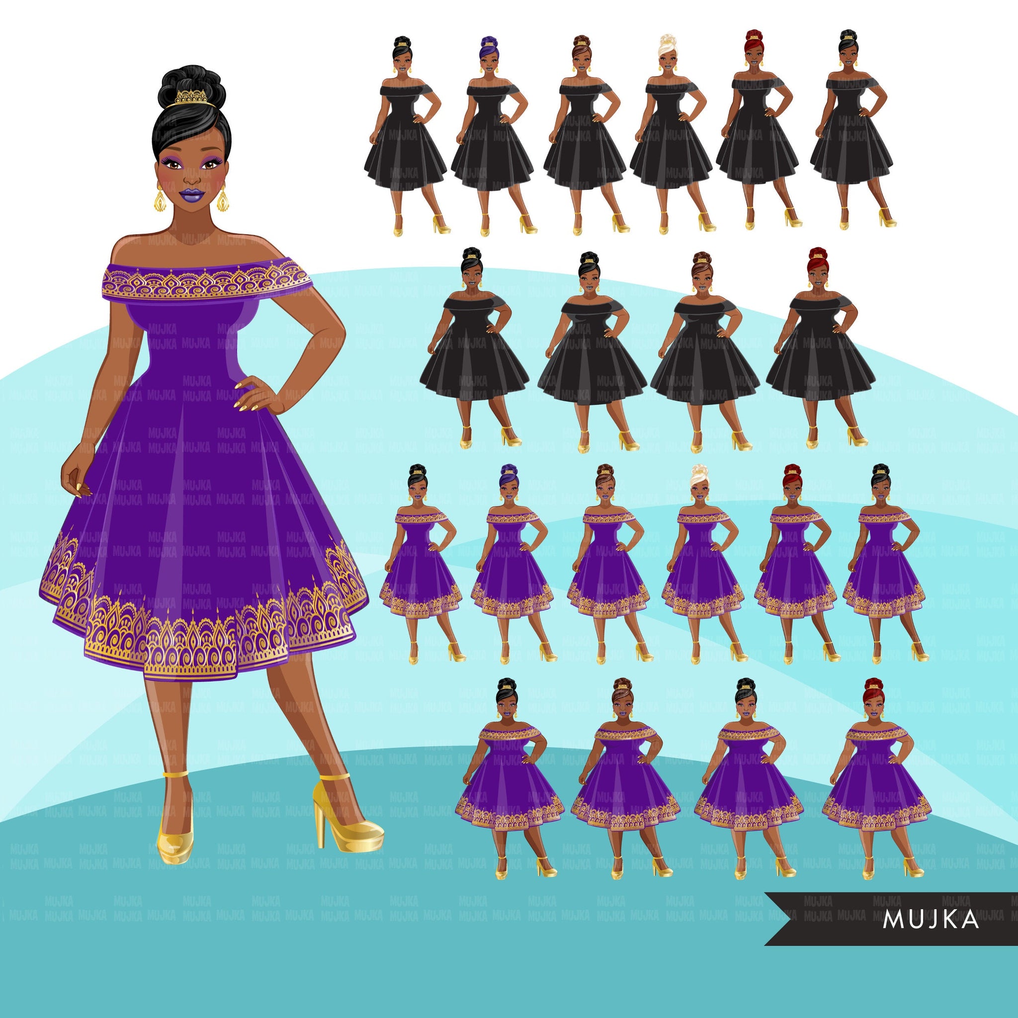 Fashion Clipart, Black woman, gold purple evening gown, sisters, friends, Sublimation designs digital download for Cricut