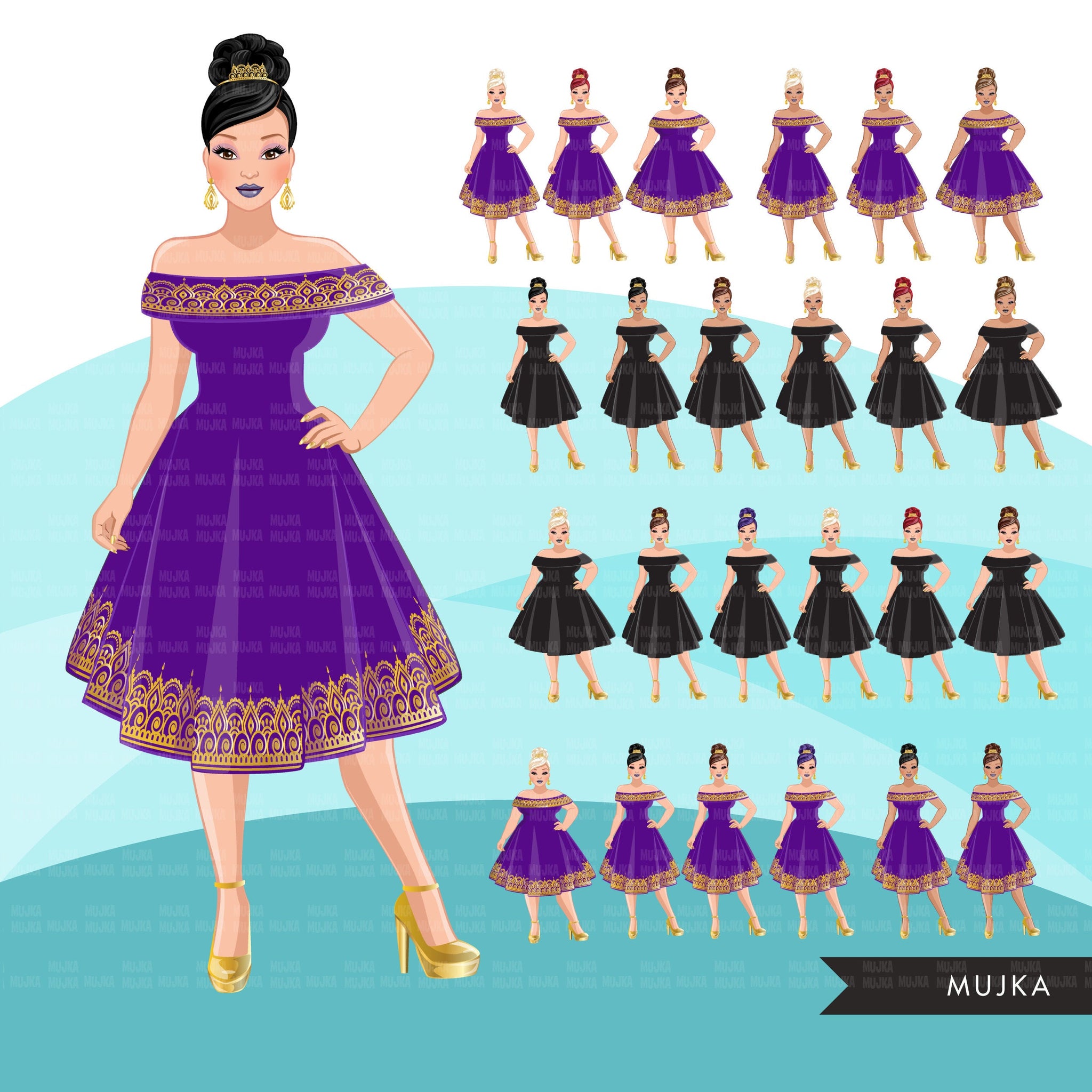 Fashion Clipart, woman, anniversary party, gold purple evening gown, sisters, friends, Sublimation designs digital download for Cricut