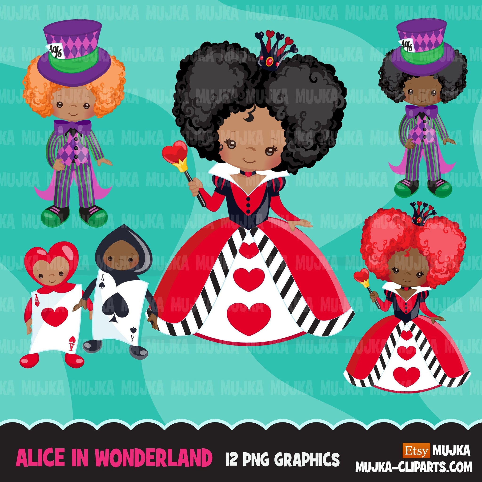 Clipart de Alice no País das Maravilhas, clipart afro Mad Hatter Tea Party, rainha de copas afro-americana, designs de sublimação Png, arquivos para cricut
