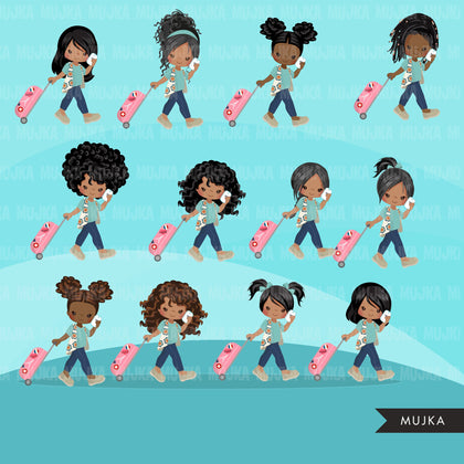 Travel clipart, vacation sublimation designs digital download, passport girls, black girls with suitcase, png holiday graphics