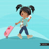 Travel clipart, vacation sublimation designs digital download, passport girls, black girls with suitcase, png holiday graphics