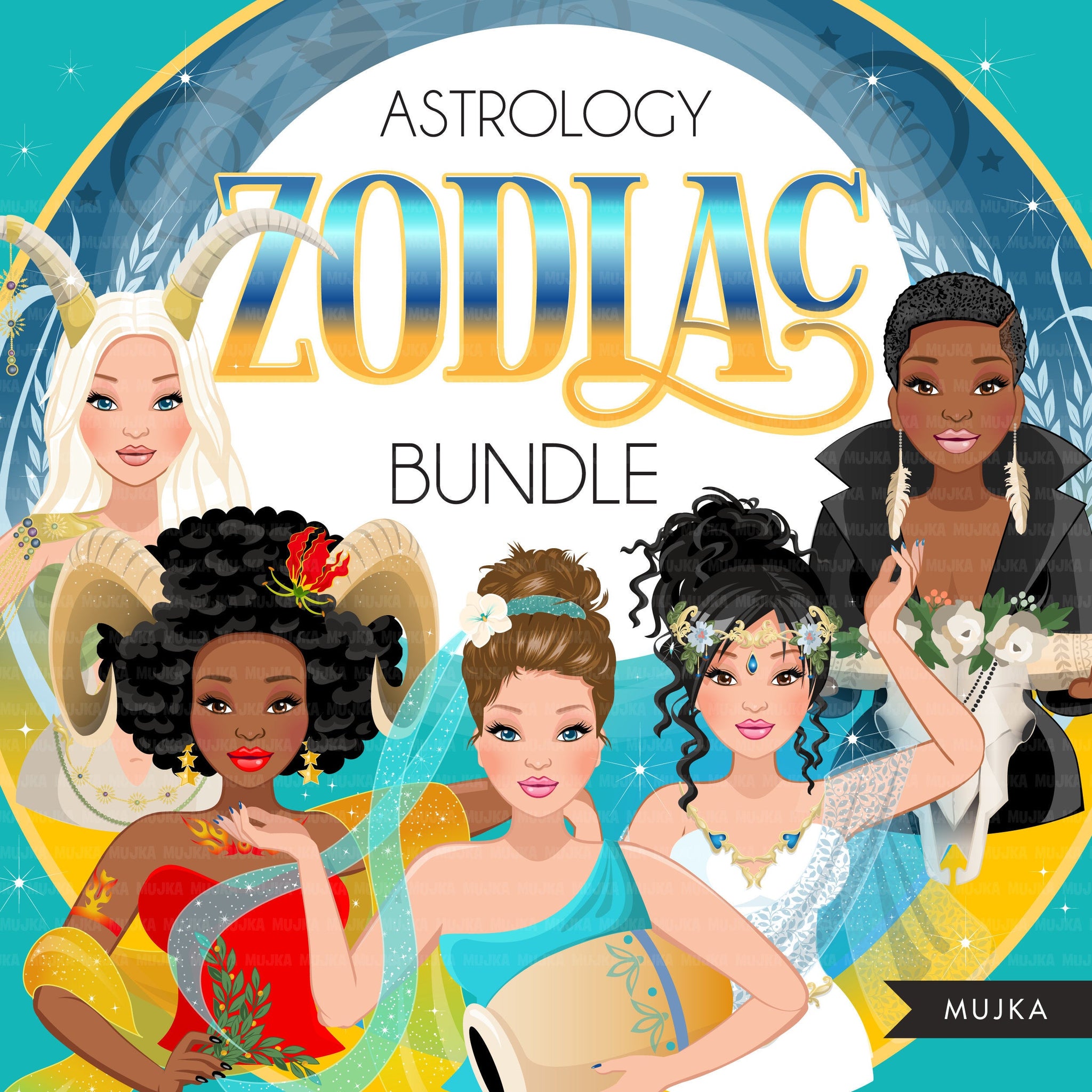 Zodiac Clipart Bundle, Astrology art, Horoscope Sublimation Graphics, astrology signs, fashion designs, woman graphics, png for cricut