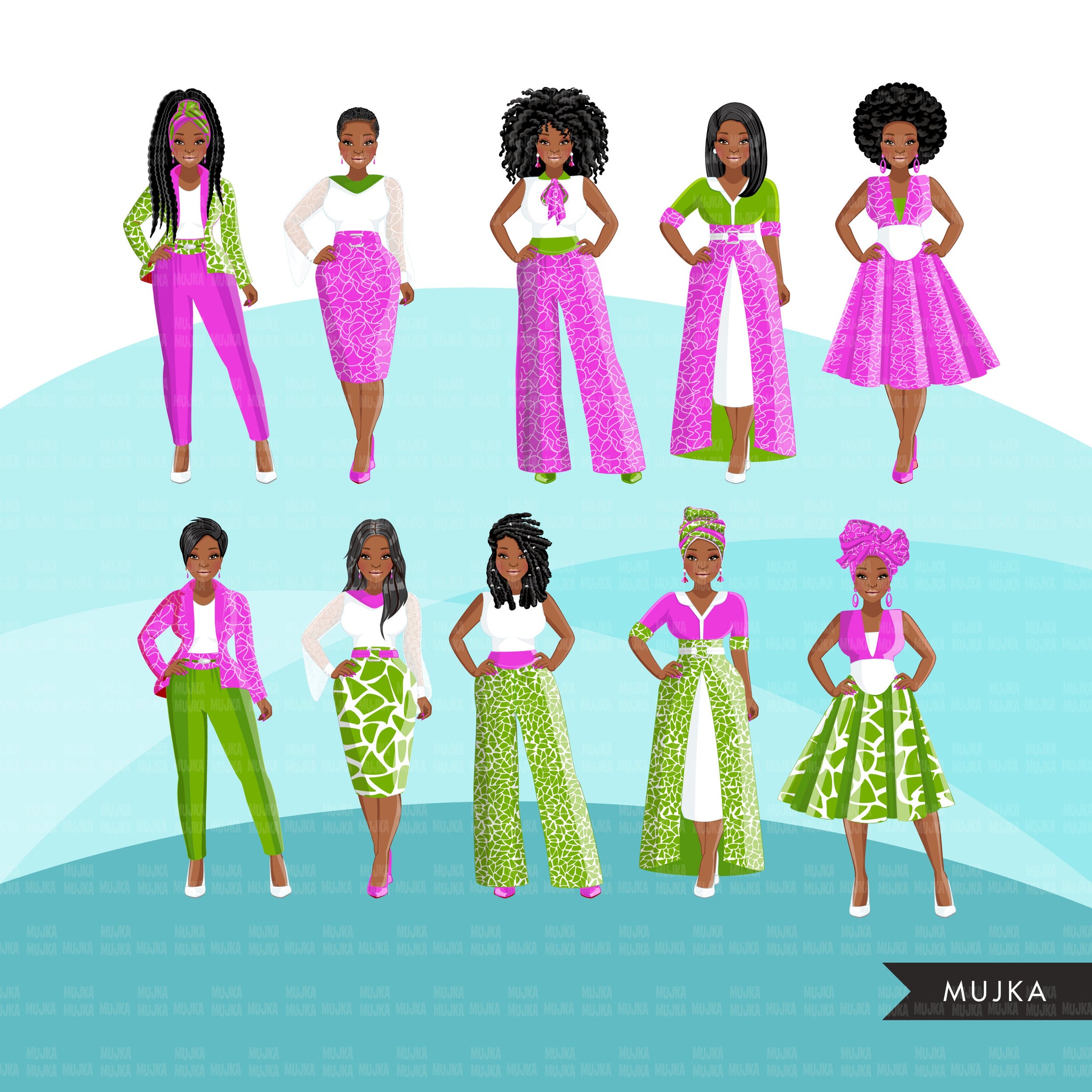Fashion Clipart, Black woman pink and green dress, sisters, friends, s – MUJKA CLIPARTS