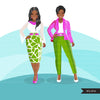 Fashion Clipart, Black woman pink and green dress, sisters, friends, sisterhood Sublimation designs digital download for Cricut