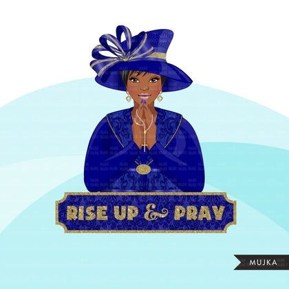 Clipart de senhoras da igreja, designs de sublimação de irmãs orando, mulher negra com curvas, camisa de fé, gráficos RISE UP &amp; PRAY, Bíblia religiosa png