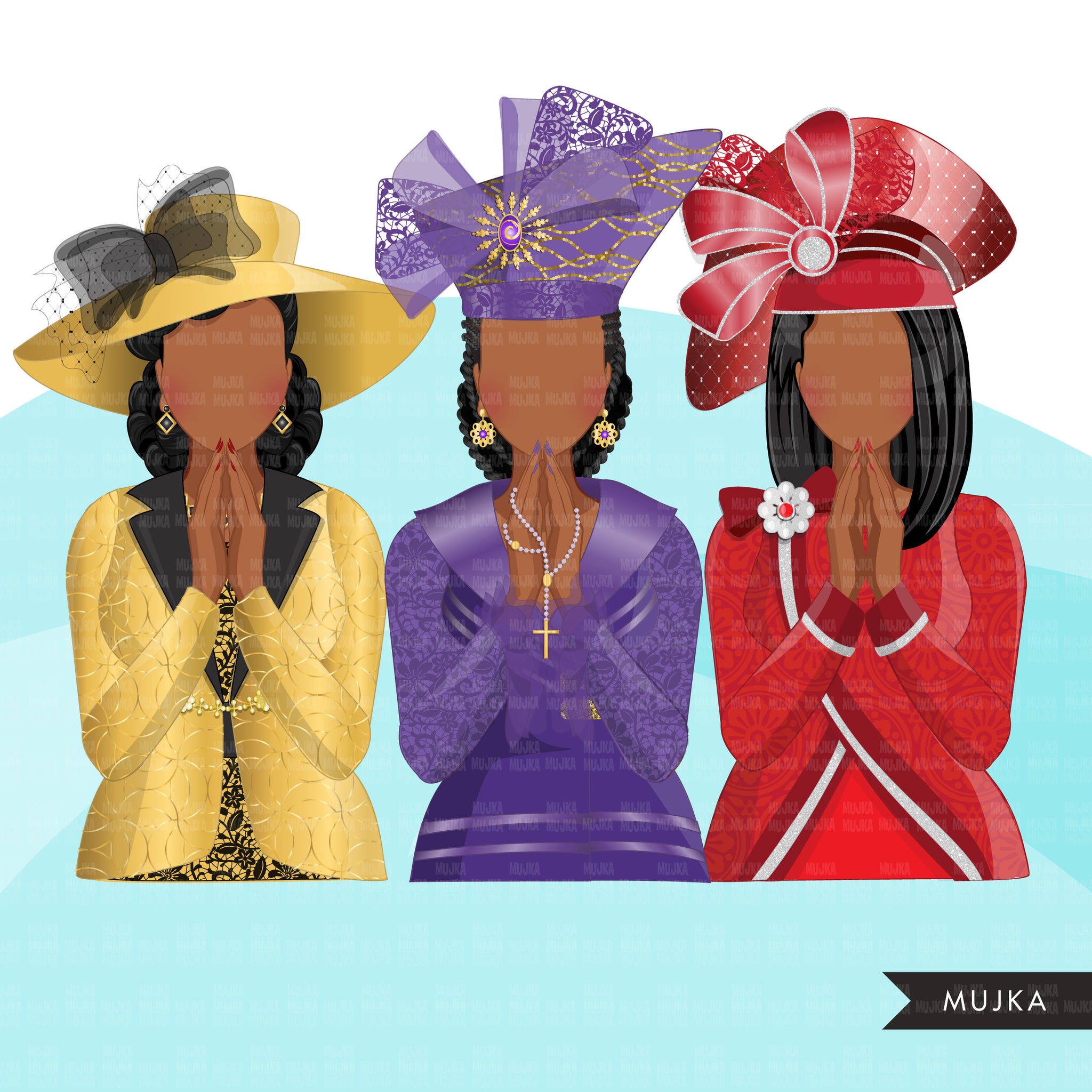 Clipart de senhoras da igreja, três designs de sublimação de irmãs orando, mulher negra, camisa de fé, gráficos WAKE PRAY SLAY, Bíblia religiosa png