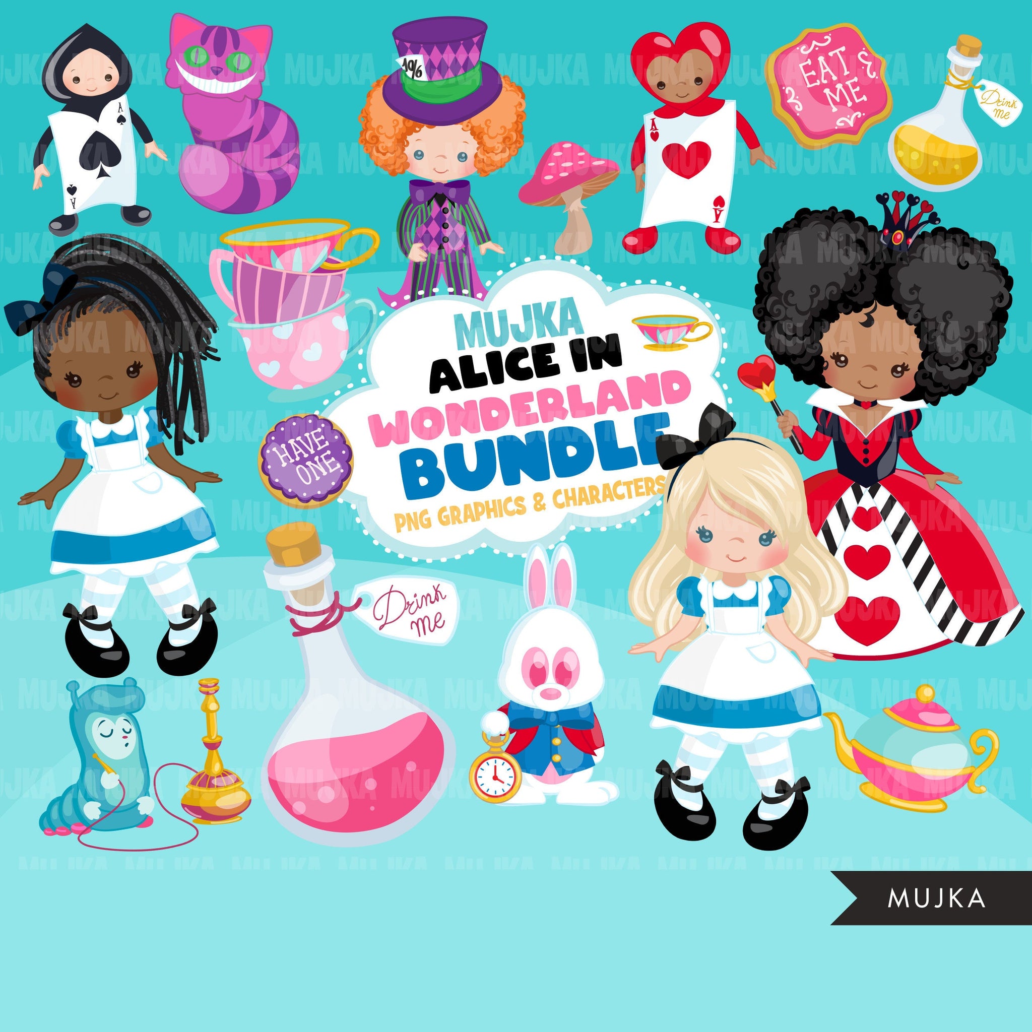 Pacote Alice no País das Maravilhas, download digital de designs de sublimação de Alice, gato Cheshire, clipart Alice, afro-americano, gráficos png, cricut