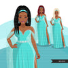 Fashion Clipart, aqua dress, black woman braids, curvy sisters, friends, sisterhood Sublimation designs digital download for Cricut
