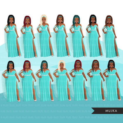 Fashion Clipart, aqua dress, black woman braids, curvy sisters, friends, sisterhood Sublimation designs digital download for Cricut