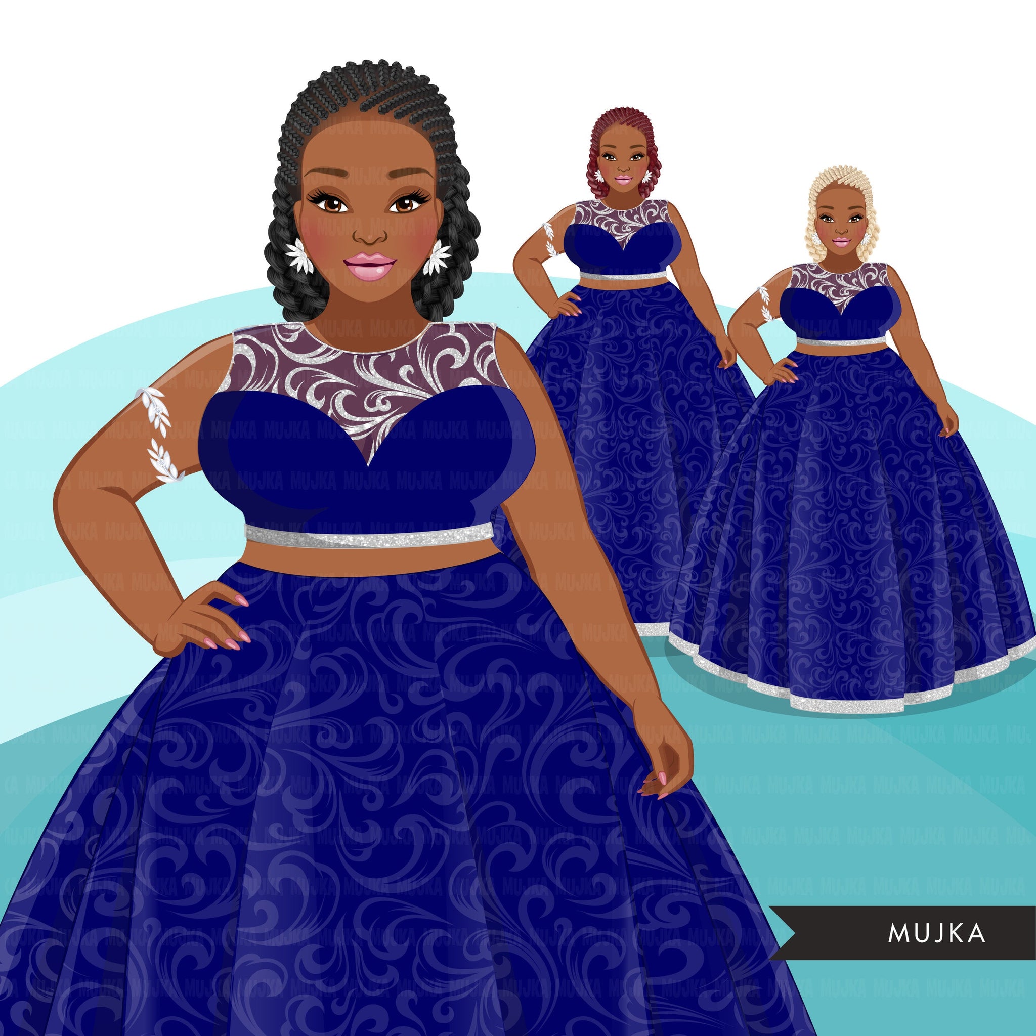 Fashion Clipart, blue dress, black woman braids, sisters, curvy friends, sisterhood Sublimation designs digital download for Cricut