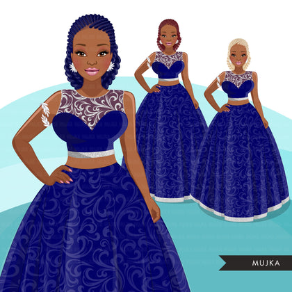 Fashion Clipart, blue dress, black woman braids, sisters, curvy friends, sisterhood Sublimation designs digital download for Cricut