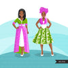 Fashion Clipart, Black woman pink and green dress, sisters, friends, sisterhood Sublimation designs digital download for Cricut