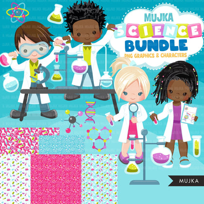Science clipart bundle, school graphics, laboratory bundle sublimation designs digital download, scientist birthday png, black boy and girl