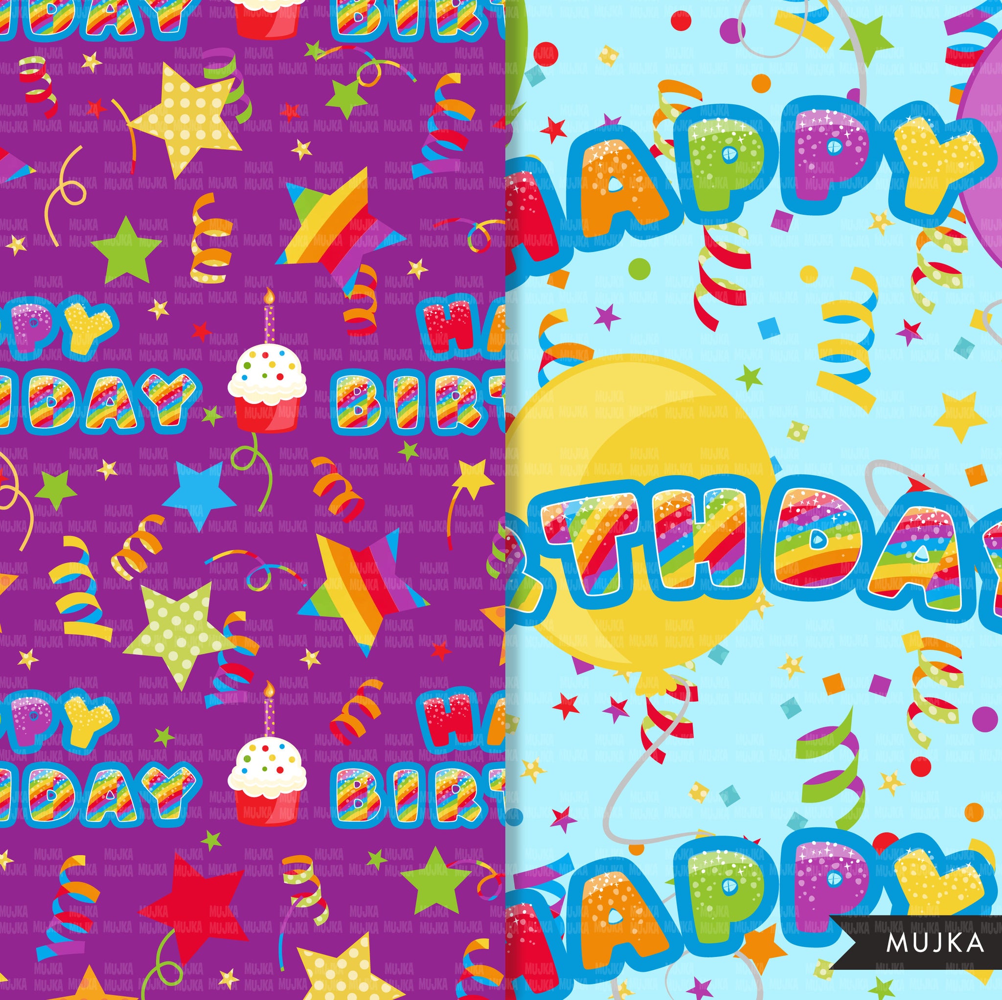 Rainbow Birthday Digital papers, seamless pattern, digital paper pack, printable pattern, digital background, birthday party papers