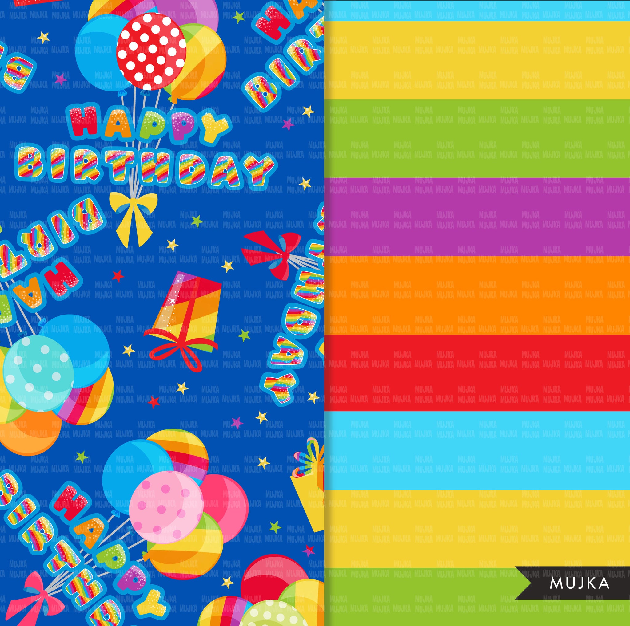 Papeles digitales de cumpleaños arco iris, patrón sin costuras, paquete de papel digital, patrón imprimible, fondo digital, papeles de fiesta de cumpleaños