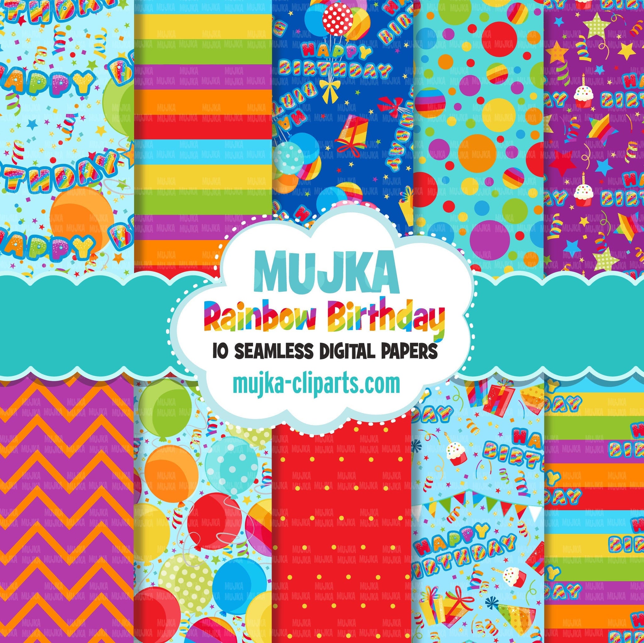 Rainbow Birthday Digital papers, seamless pattern, digital paper pack, printable pattern, digital background, birthday party papers