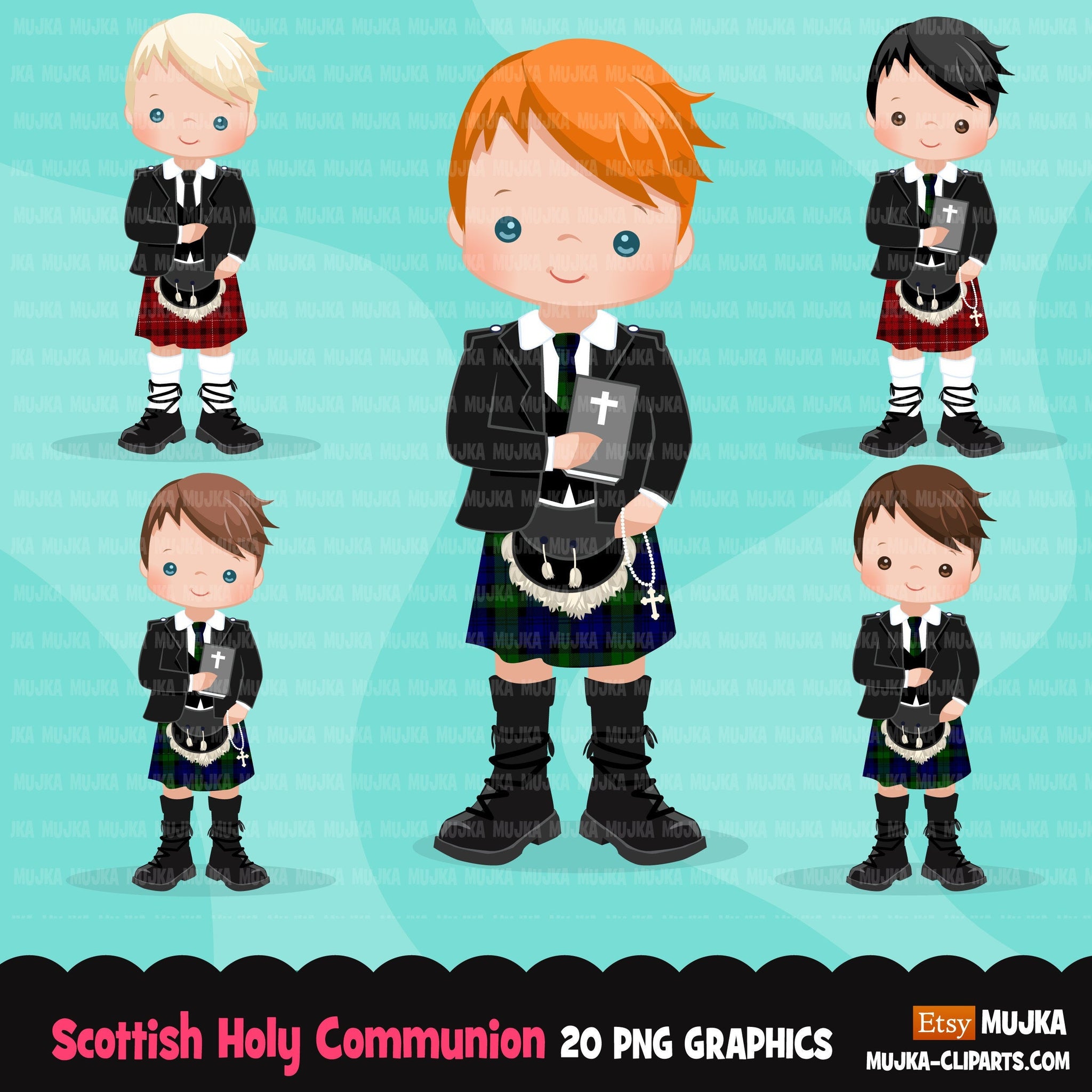 Scottish First Communion Clipart for Boys, Scottish kilt, holy communion graphics, Bible, rosary sublimation designs, religious boys png