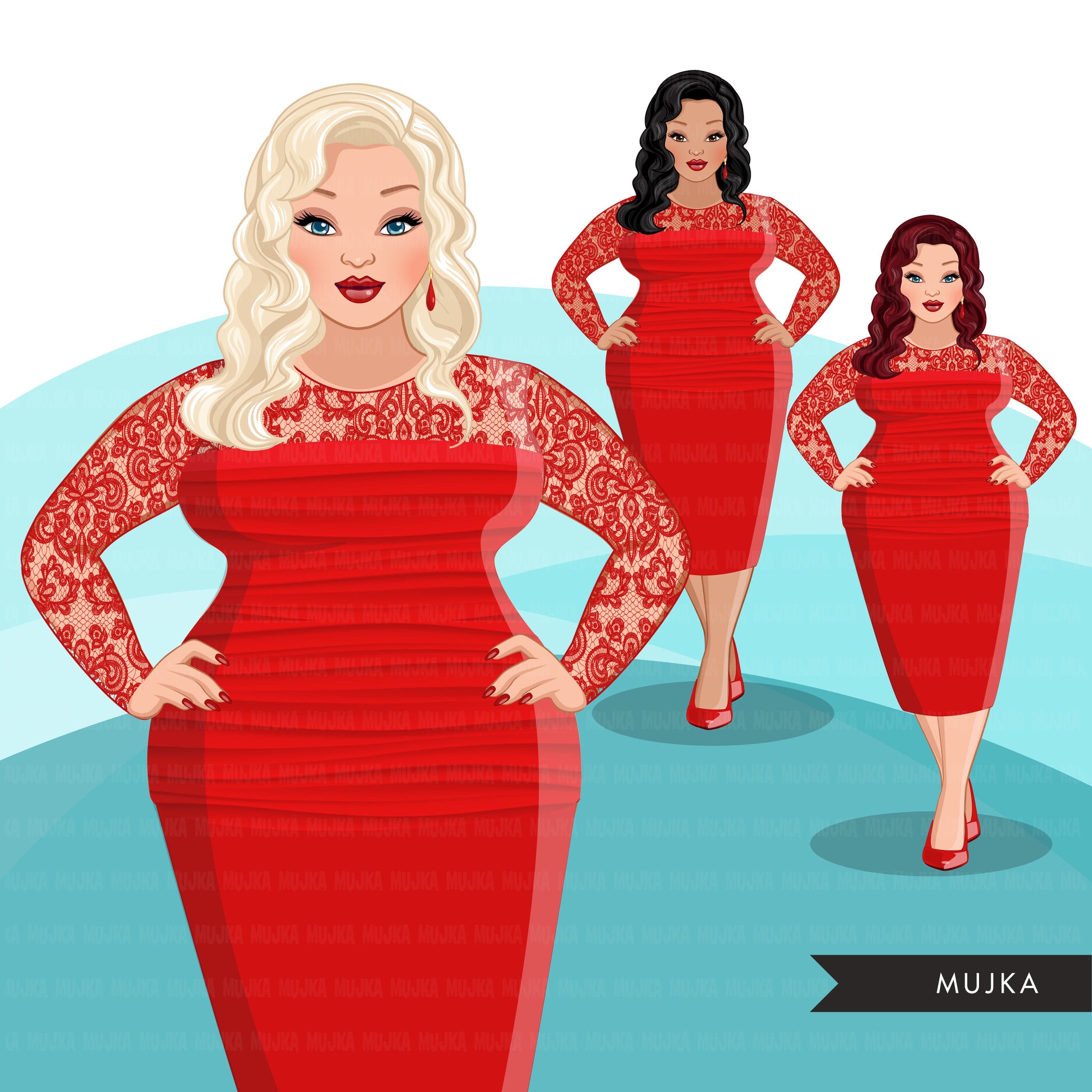 Fashion Clipart, red dress, birthday party, anniversary, curvy sisters, friends, sisterhood Sublimation designs digital download for Cricut