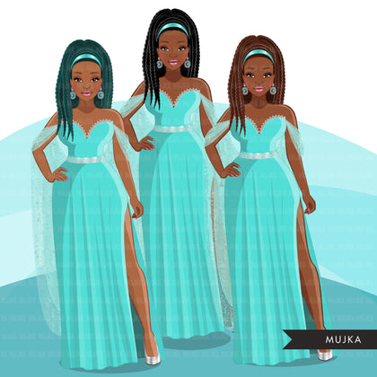 Fashion Clipart, aqua dress, black woman braids, curvy sisters, friends, sisterhood Sublimation designs digital download for Cricut